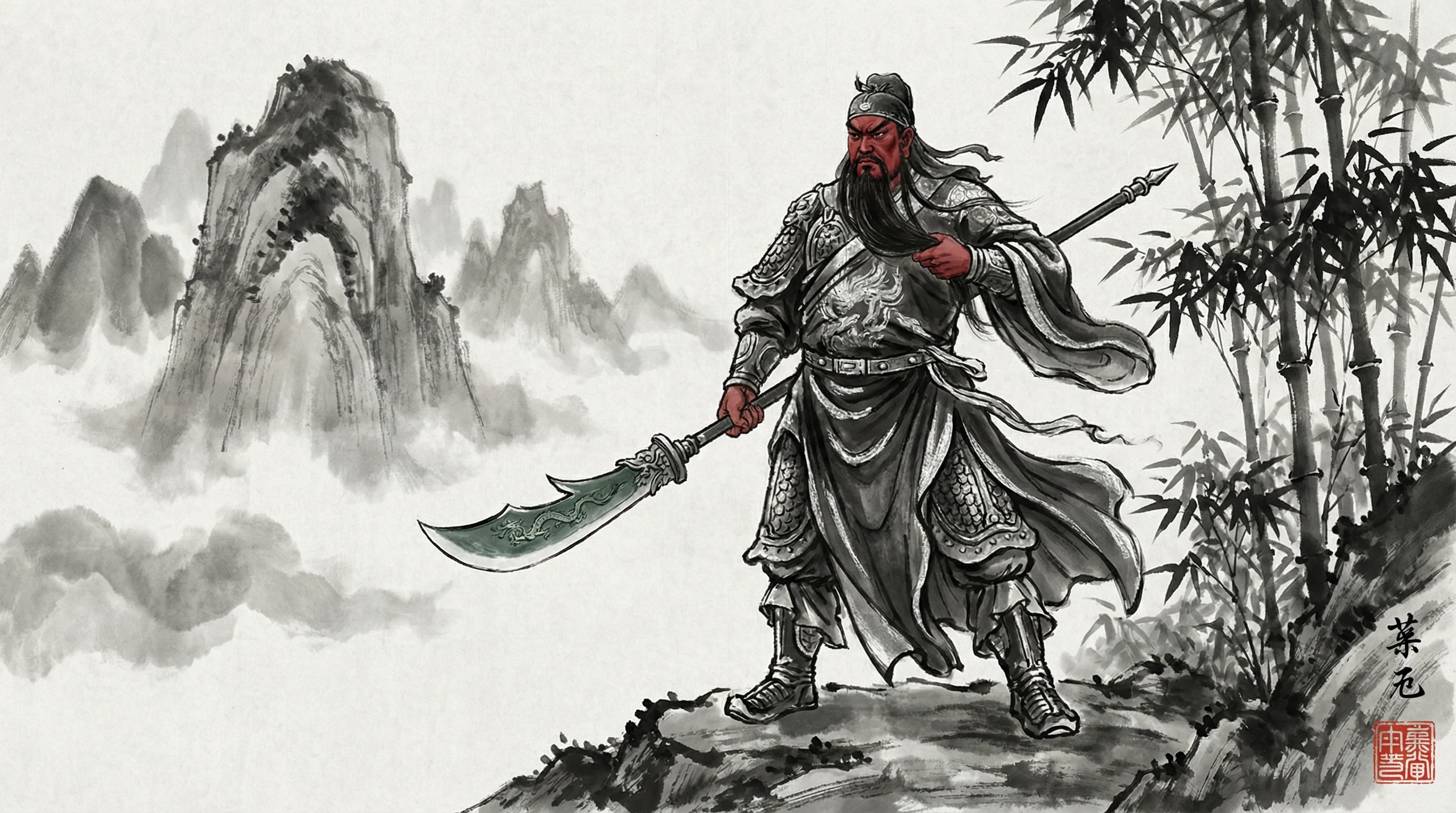 电子pg武圣关公游戏水墨画风格